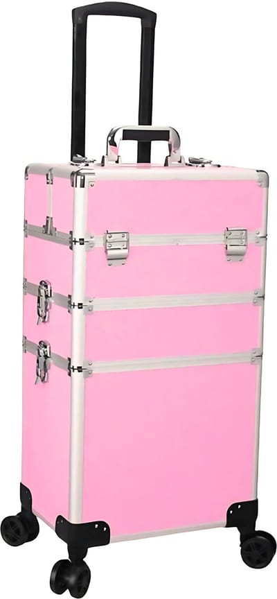 BeautyKoffer Roze met diamantjes | 3 Delig 8 Wielen | Nagel Koffer | BeautyCase voor Kappers | KappersKoffer
