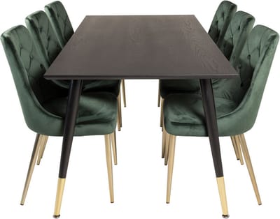 Dipp180x90BLBR eethoek eetkamertafel zwart en 6 Velvet Deluxe eetkamerstal velours groente, messing decor.