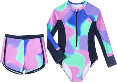 Twee-delige meisjes zwemset met UV-bescherming, lange mouwen en short, ideaal voor tieners van 7-12 jaar, kleurrijk tie-dye ontwerp