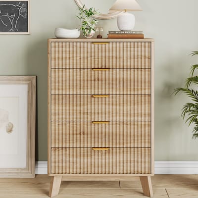 Ladekast 5 Lades – Eiken Houtlook – Scandinavisch Design – Commode met Gouden Handgrepen