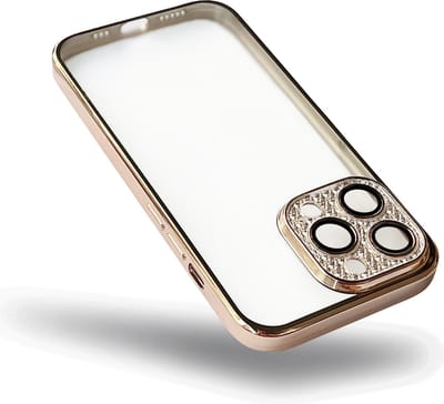Casemania Hoesje Geschikt voor Apple iPhone 14 - Hoesje Goud - Transparant Back Cover met Glitter Camera Bescherming