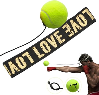 Boksreflexbal met hoofdband - Reflexbal met touwtje - Trainingsmateriaal voor boksreflexen --Gear Boxing Ball-Rode rubberen bal & gele tennisbal - Elastische hoofdband, voor beginners en gevorderden