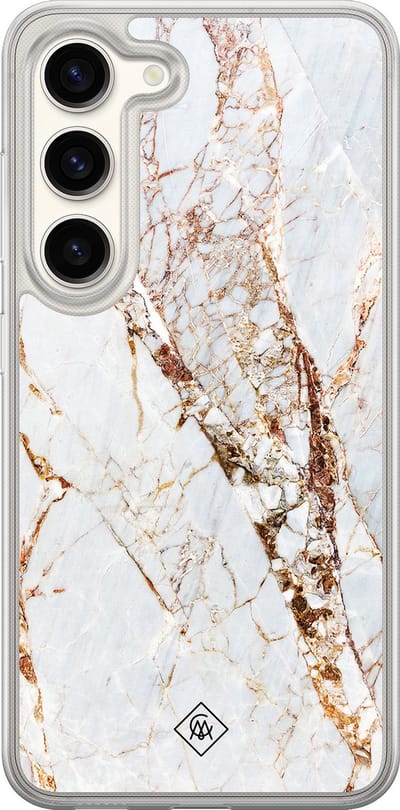 Casimoda® hoesje - Geschikt voor Samsung Galaxy S23 - Marmer Goud - 2-in-1 case - Schokbestendig - Marble design - Verhoogde randen - Goudkleurig, Transparant