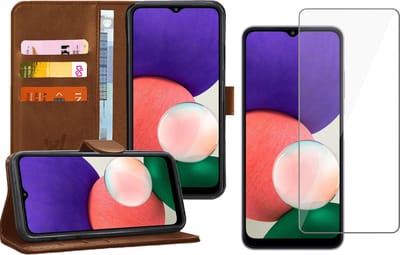 Hoesje geschikt voor Samsung Galaxy A22 5G - Bookcase Bruin - Screenprotector - Portemonnee Hoesje