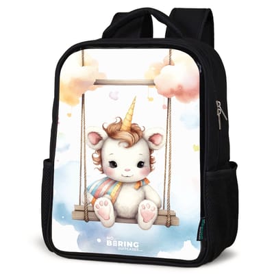 NoBoringSuitcases.com® - Rugzak zwart - Schooltas jongen & meisje - Witte baby eenhoorn op een schommel in de wolken - Rugtas voor school - Boekentas kind - Schoolrugzak - Kinderrugzak