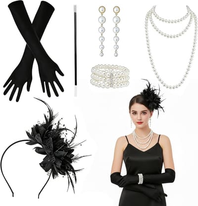 Vintage 1920s Kostuumaccessoires Set met Kunstparels en Veertjes voor Gatsby Themafeesten - Inclusief Ketting, Handschoenen, Haarjuwelen, Armband en Oorbellen