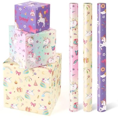 Leuke eenhoorn cadeaupapierrollen - 3 rollen 43 x 305 cm voor verjaardagsversieringen