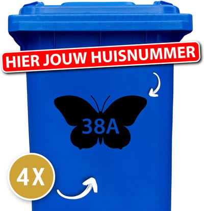 Vlinder Containersticker met huisnummer 4 delige voordeelset - 25 x 14,5 cm - zwart - kliko sticker - kliko sticker voordeelset - klikostickers - huisnummer sticker - huisnummers - weerbestendige stickers - 12345678910 - cadeau
