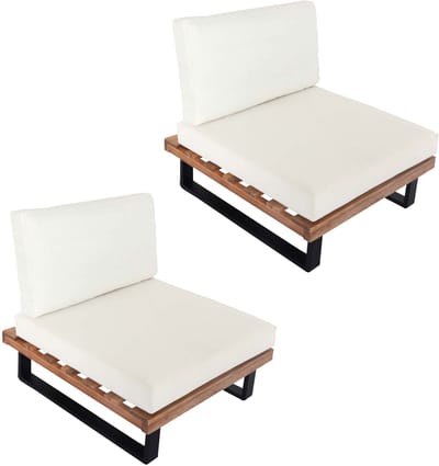 Set van 2 loungestoelen MCW-H54, tuinstoelen, gesponnen poly acacia hout FSC-gecertificeerd aluminium ~ lichtbruin, bekleding crèmewit