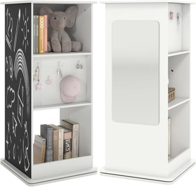 KOMFOTTEU Draaibare kinderboekenkast, 3 planken met 2 grote vakken, 8 haken, schoolbord en spiegel, opbergmeubel voor kinderen voor de woonkamer of slaapkamer, 47 x 47 x 104,5 cm