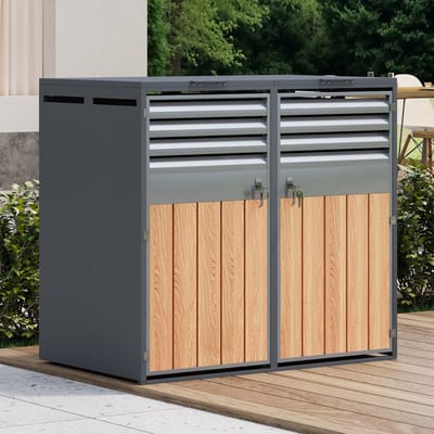 REDOM Afvalcontainerberging - 2 Compartimenten - Hydraulische Klapdeksel - Ventilatieroosters - Afsluitbaar - Staal - Grijs Houtlook