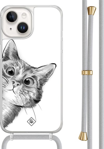Casimoda® hoesje met grijs koord - Geschikt voor iPhone 14 - Peekaboo Kat - Afneembaar koord - TPU/acryl - Wit