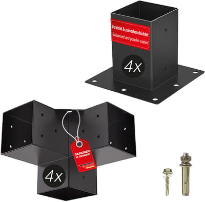 SOTECH bouwset 8-delig (4x hoekverbinders + 4x grondhulzen) vierkant 100 x 100 mm staal verzinkt en zwart gepoedercoat voor maximale corrosiebescherming, paalanker voor aluminium- en houtconstructies
