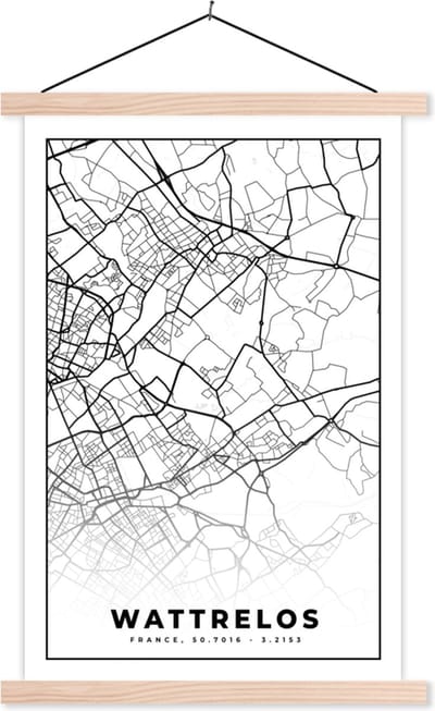 Posterhanger incl. Poster 40x60 cm - Schoolplaat - Frankrijk – Kaart – Plattegrond – Stadskaart - Wattrelos - Zwart wit - Textielposter - Blanke latten - Stadskaart