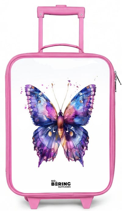 NoBoringSuitcases.com® - Kinderkoffer roze - Kindertrolley meisje - Paarse prachtvlinder - Koffer kind lichtgewicht - Reiskoffer trolley voor kinderen - Koffertje met lichtgevende wieltjes - Rolkoffer