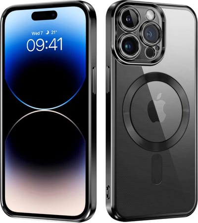 iPhone 14 Pro Magnetisch Hoesje Met Lensbeschermer - magsafe compatibel - siliconen - Transparant gekleurde rand - Zwart