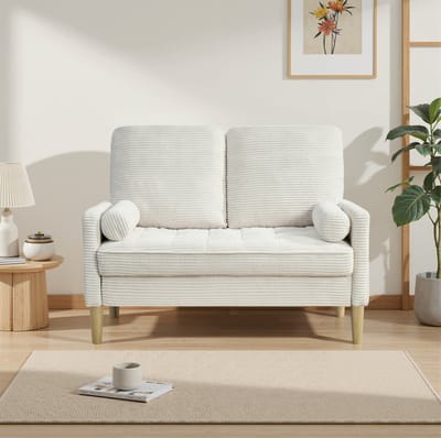 MIVRAY Zitbank 121 cm - Compacte 2-Zits Corduroy Loveseat Met Gevoerde Kussens - Voor Woonkamer En Slaapkamer - Hout En Stof Beige