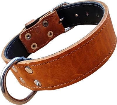 K9World by van der Veeke, Lederen Hondenhalsband – 4 cm Breed – Dubbel Leer – Handgemaakt – Cognac Bruin – Maat 40–50 cm