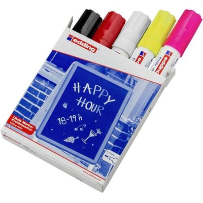 edding 4090 krijtmarker - diverse kleuren - 5 raamstiften - beitelvormige punt 4-15 mm - raamstiften voor borden, ruiten, glas, spiegels - krijtstift voor ramen zijn afwasbaar en uitwisbaar