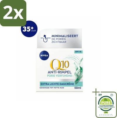 NIVEA - Q10 POWER Dagcrème - Anti-Rimpel Gezichtscrème - Poriën Verfijnend - Voor gemengde tot vette huid - SPF 15 - 50 ml - Voordeelverpakking - 2 stuks - Anti-rimpel crème - Dagcrème