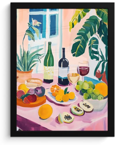 Poster in lijst - Fotolijst 30x40 cm - Posters - Tafel - Wijn - Fruit - Posterlijst zwart - Decoratie - Wanddecoratie woonkamer - Muurdecoratie slaapkamer