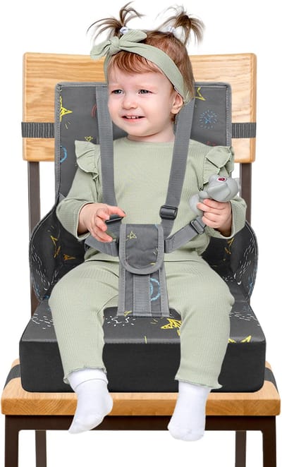 Verhogingsstoel, draagbare kinderstoel met 5-punts veiligheidsgordel, 8 cm zitkussen en rugleuning, opvouwbare reisstoel, babyzitje voor thuis en onderweg (grijs) NAIZY