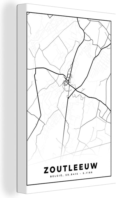 Canvas Schilderij Zwart Wit – België – Plattegrond – Stadskaart – Kaart – Zoutleeuw - 20x30 cm - Wanddecoratie