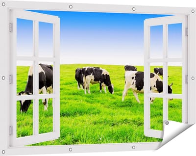 Gards Tuinposter Doorkijk Kudde Koeien in de Wei - Hemel Blauwe Lucht - 120x80 cm - Tuindoek - Tuindecoratie - Wanddecoratie buiten - Tuinschilderij