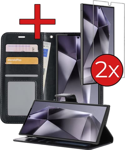 Hoesje - Met 2x Screenprotector - Geschikt voor Samsung Galaxy S24 Ultra - Luxe Pasjeshouder - Flip Case - Bookcase Portemonee - Kunstleer Book Case - Flipcase Hoes - Book Cover - Walletcase - Portemonneehoes - Telefoonhoes - Zwart