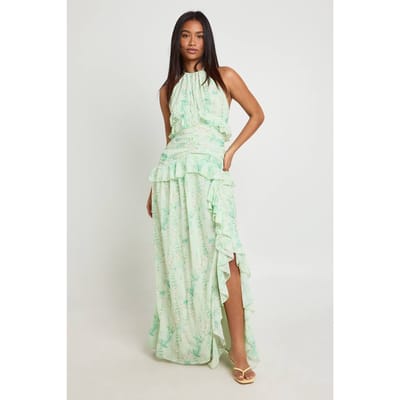 boohoo Dames Bloemenjurk Met Halternek Van Chiffon Met Ruches In Maxilengte | Groente | Maat: 44