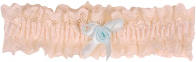 Kousenband Bruid Ivoorkleurig met Broderie & Lichtblauw Strikje met Roosje - 33cm Elastisch