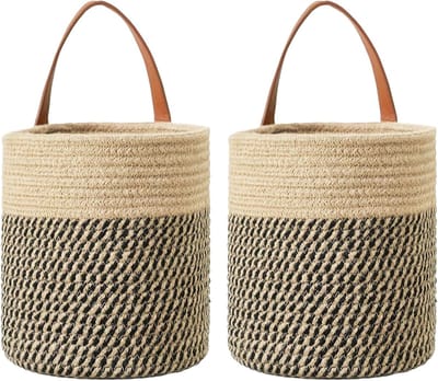 Set van 2 Wandmanden, Ronde Opbergmanden met Handvat, Plantenbakken voor Muurbevestiging, Ruimtebesparend en Decoratief