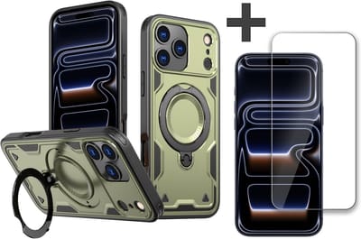 Hoesje Geschikt voor iPhone 17 Pro met gehard glas Screenprotector - Armor hoes met Ringhouder - Arara backcover - Groen