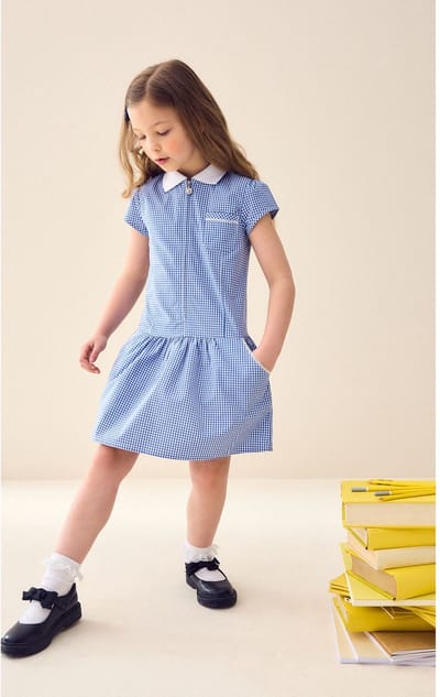 Next - Meisjes - Nette katoenrijke jurk met rits aan de voorkant en ruitjes - Blauw