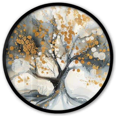 Poster in lijst Rond - Fotolijst 40x40 cm - Posters - Boom - Modern - Abstract - Goud - Zwart - Wit - Ronde posterlijst zwart - Decoratie - Wanddecoratie woonkamer - Muurdecoratie slaapkamer