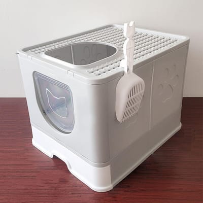 Bac à litière pliable pour chat, extra large, avec couvercle, entrée supérieure, entièrement fermé, gris grise