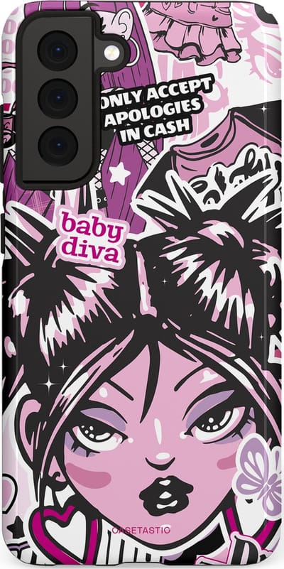 Casetastic hoesje geschikt voor Samsung Galaxy S21 FE 5G - Dubbellaagse bescherming - Roze Y2K Pop Teen Girly Cash Diva Collage - Fashion Case - Grijs Donkergrijs Wit Lichtroze