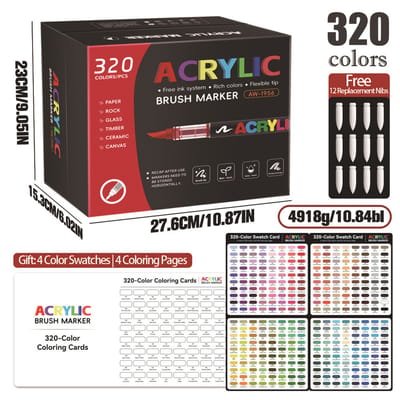 Acrylmarkers - 320 kleuren - direct-vloeibaar met zachte punt zonder indrukken - voor tekenen en DIY - geschenkdoos