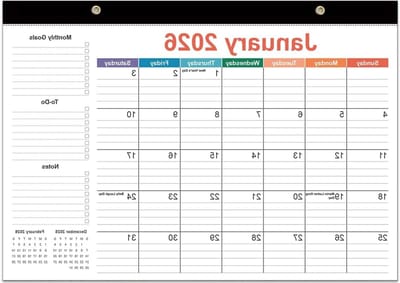 Bureaukalender 2026 - 18 Maanden Kalender - Planning en Organisatie - Dik Papier Inktvrij - 30.5 x 43.2 cm - Kleurrijk