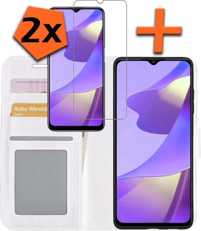Hoes - Met 2x Screenprotector - Geschikt voor OPPO A16s - Luxe Pasjeshouder - Bookcase Portemonee - Flip Case - Kunstleer Book Case - Flipcase Hoes - Book Cover - Walletcase - PortemonneeHoes - Wit
