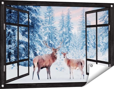 Gards Tuinposter Doorkijk Twee Herten in het Bos met Sneeuw - 90x60 cm - Tuindoek - Tuindecoratie - Wanddecoratie buiten - Tuinschilderij