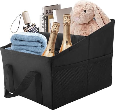 Autostoelorganizer voor kinderen achterbank, opvouwbare auto-organizer opbergdoos met 2 compartimenten, 4 bekerhouders en 4 gaaszakken, veiligheidsgordelbevestiging, voor- of achterbank