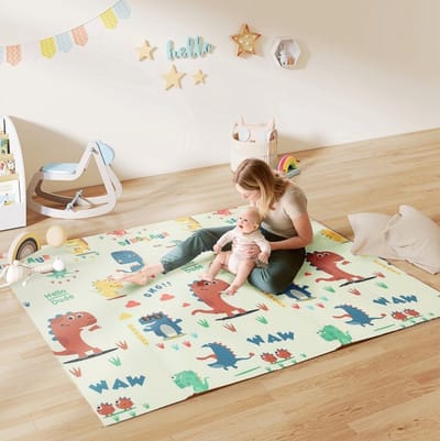 MEUNIQ Baby speelmat 196 x 176 x 1,5 cm dubbelzijdig opvouwbaar kruipmat met dinosaurusmotief van foam voor babykamer of woonkamer