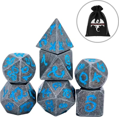 Lapi Toys - Dungeons and Dragons dobbelstenen - DnD - D&D - Polydice - 1 set (7 stuks) - Metaal - Grijs - Blauw