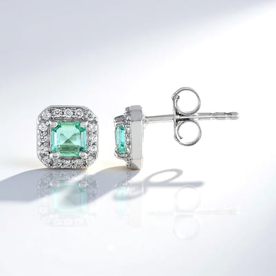 Cavill - Zilveren Oorbellen 925 Sterling Zilver Geplatineerd - Paraiba Smaragd 0 52ct - Pavé Zirkon 0 22ct - Modern Achthoekig