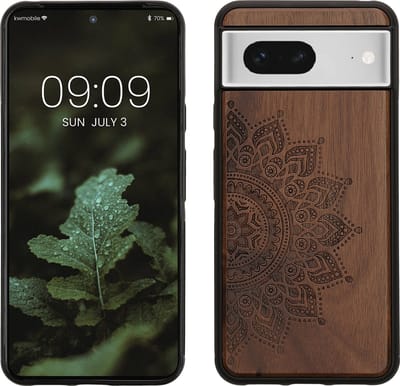 kwmobile telefoonhoesje geschikt voorGoogle Pixel 8 - Hoesje met bumper - hout - In donkerbruin Opkomende Zon design