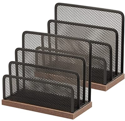 Bureau-organizer met metalen gaas en houten basis - Post- en documenthouder met 3 vakken