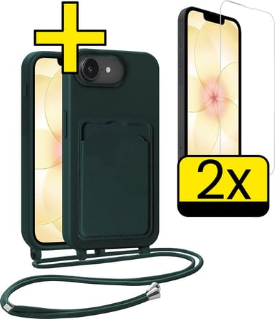 Hoesje Geschikt voor iPhone 17e Hoesje Met Koord Met 2x Screenprotector Siliconen Case - Hoes Geschikt voor iPhone 17e Backcover Met Afneembaar Koord - Donkergroen
