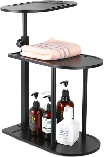 3-Laags Badkamer Opbergrek Vrijstaand Badrand Tafel - Draaibaar Badrek van Hout - Verstelbare Hoogte 45-76 cm - Multifunctioneel Badkamer Rek Zwart - Badkuip Organizer en Bijzettafel