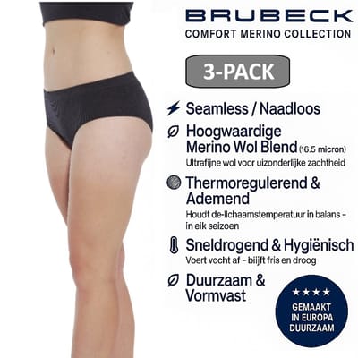 Brubeck Dames Slip Klassiek – Merino Wol Blend Naadloos Ondergoed – 3 PACK - Zwart – Maat S